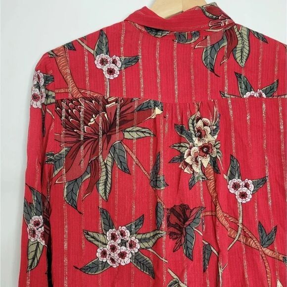 NWT ba&sh Petunia Floral-Print Metallic Jacquard Shirt in Rouge - Picture 9 of 12